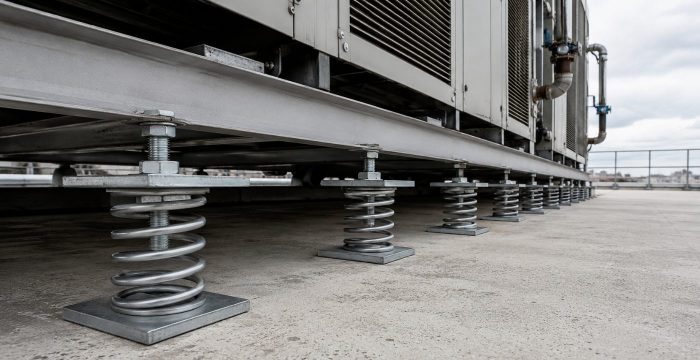 Çatıdaki chiller ünitesinin altına dizilmiş yaylı titreşim izolatörleri, gerçek uygulama görünümü