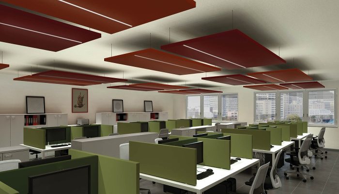 Kırmızı yüzer akustik tavan panelli açık plan ofis
