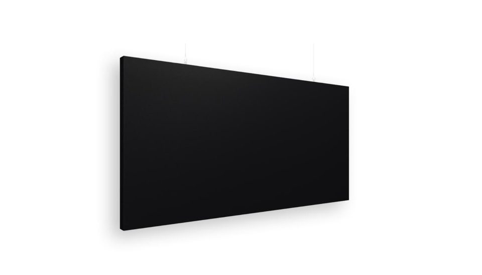 Tavandan askılı siyah kumaş kaplı dikdörtgen akustik baffle panel yakın ürün görseli