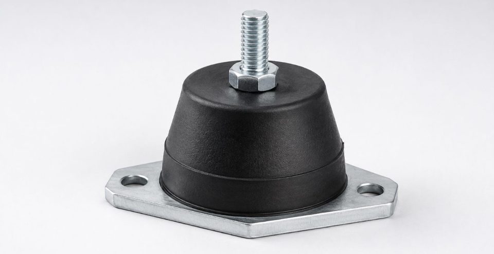 Elastomer gövdeli makine titreşim takozu, metal taban plakası ve cıvatası ile üç çeyrek açıdan stüdyo çekimi