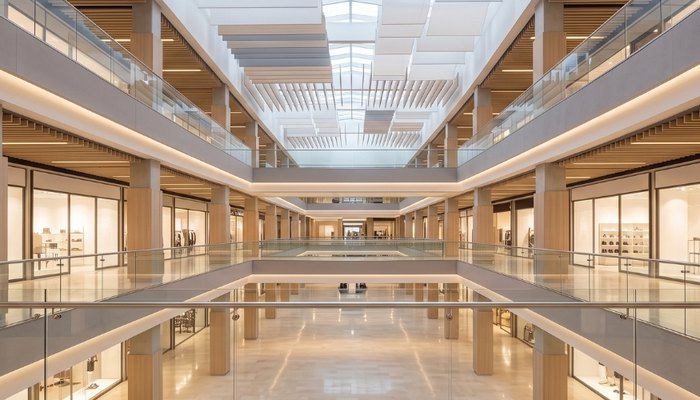 Elit Acoustic AVM ve mağaza akustiği: atrium yankı kontrolü ve akustik baffle tavan uygulaması