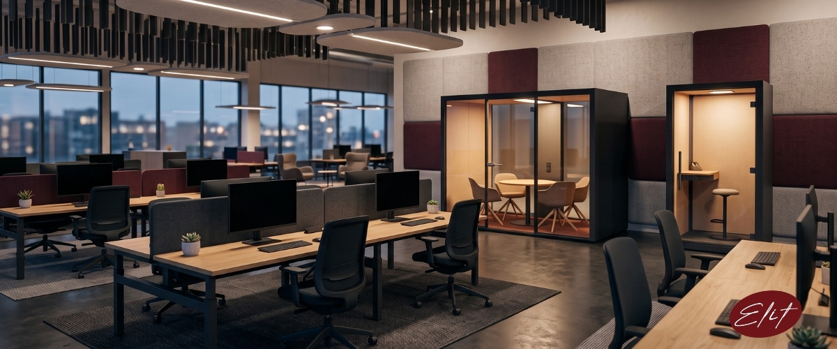 Elit Acoustic ofis akustik çözümleri: akustik panel, baffle ve görüşme kabini uygulaması