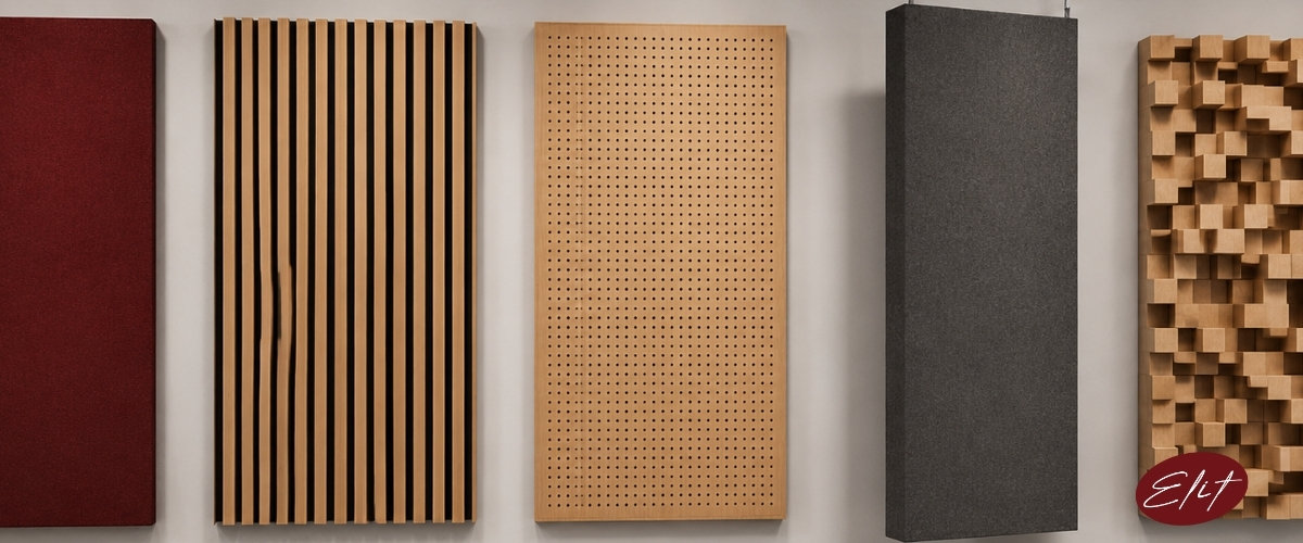 Kumaş kaplı, ahşap delikli ve baffle akustik panel çeşitleri bir arada
